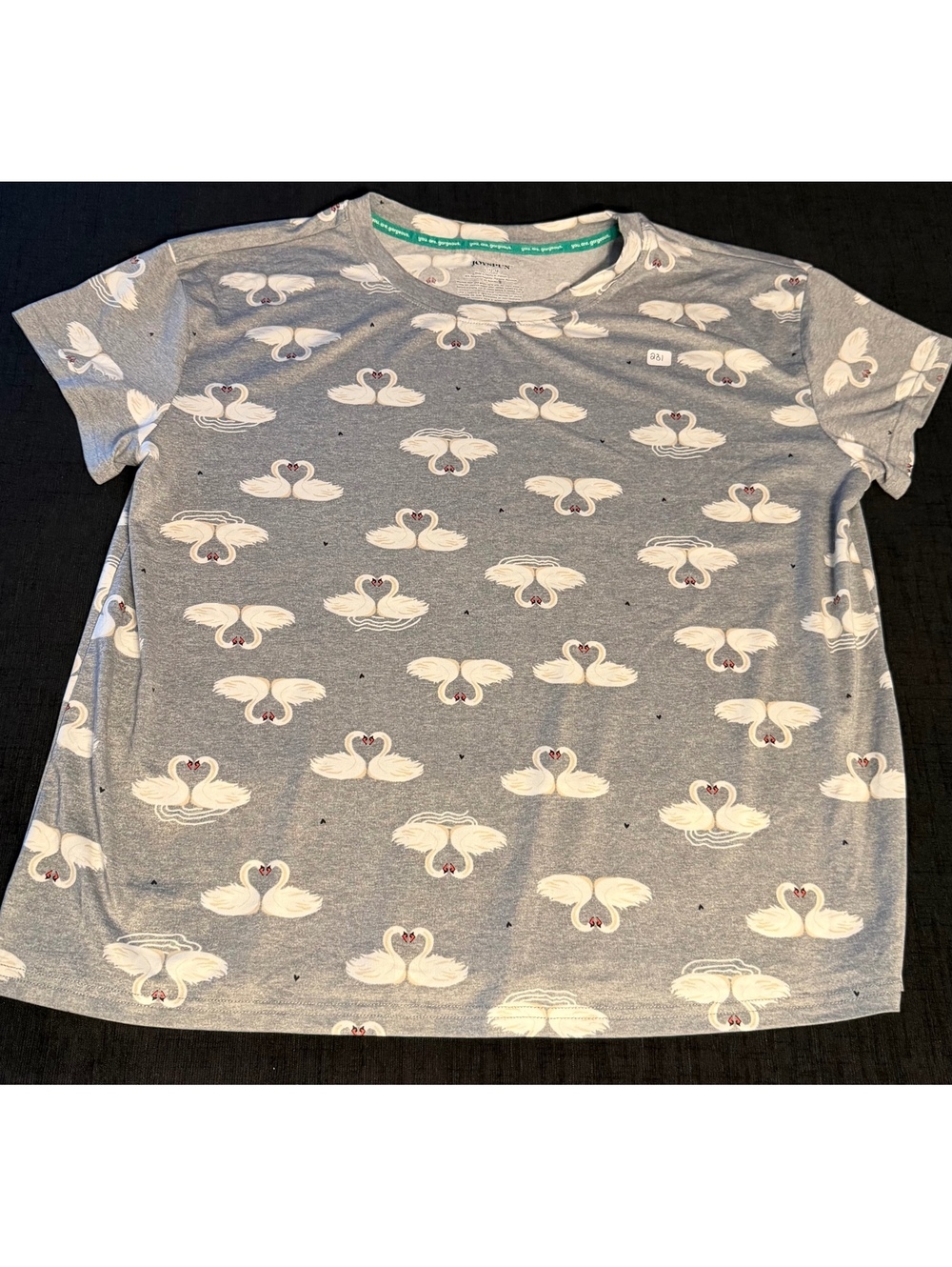 Joyspun Women's Gray Short Sleeve T-Shirt with White Swans Print, Size L/12-14